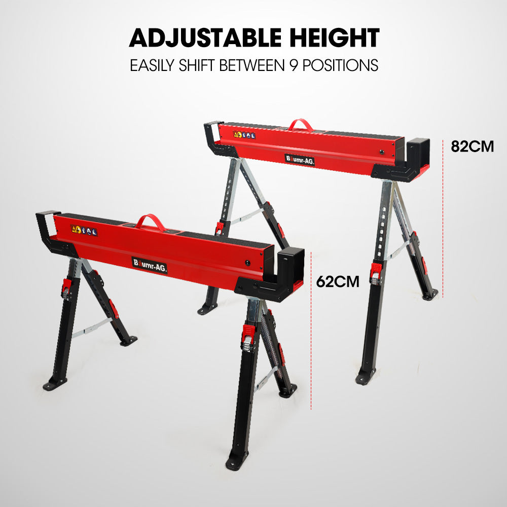 BAUMR-AG 2 x Steel Saw Horse, Folding Height Adjustable Sawhorse, 1180kg Capacity, 2x4 Support Arms