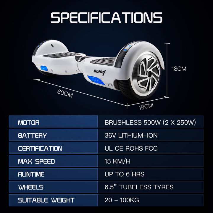 BULLET Hoverboard Electric Scooter 6.5 Inch Wheels Self Balancing Gen III White Free Carry Bag