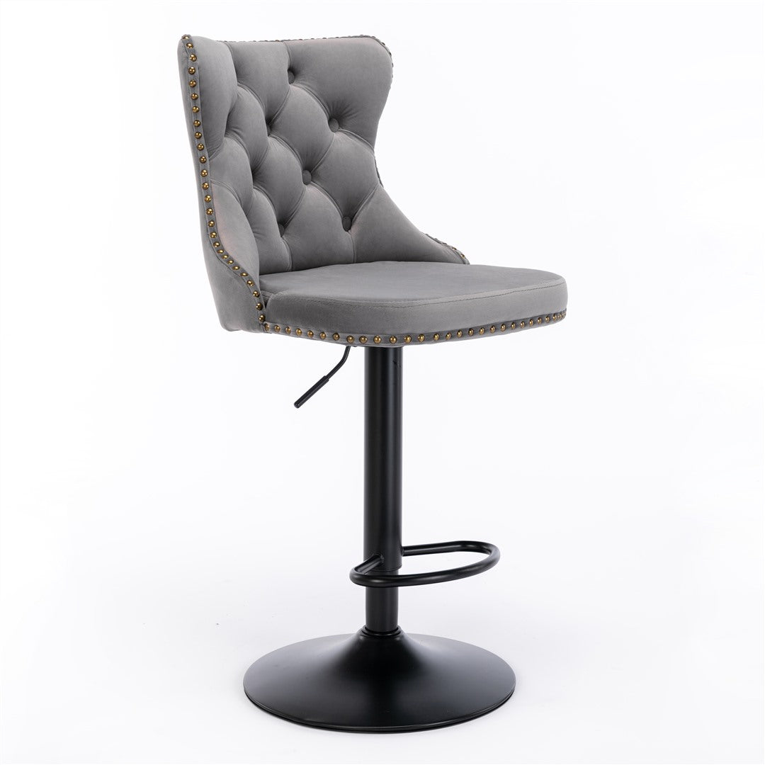 4x Height Adjustable Swivel Bar Stool Velvet Nailhead Barstool with Footrest