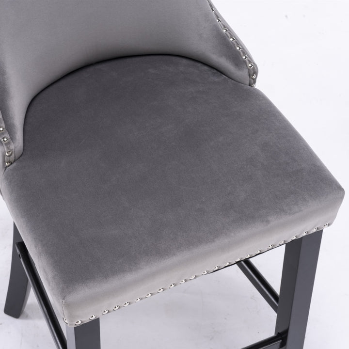 2x Velvet Upholstered Button Tufted Bar Stools with Wood Legs and Studs-Grey