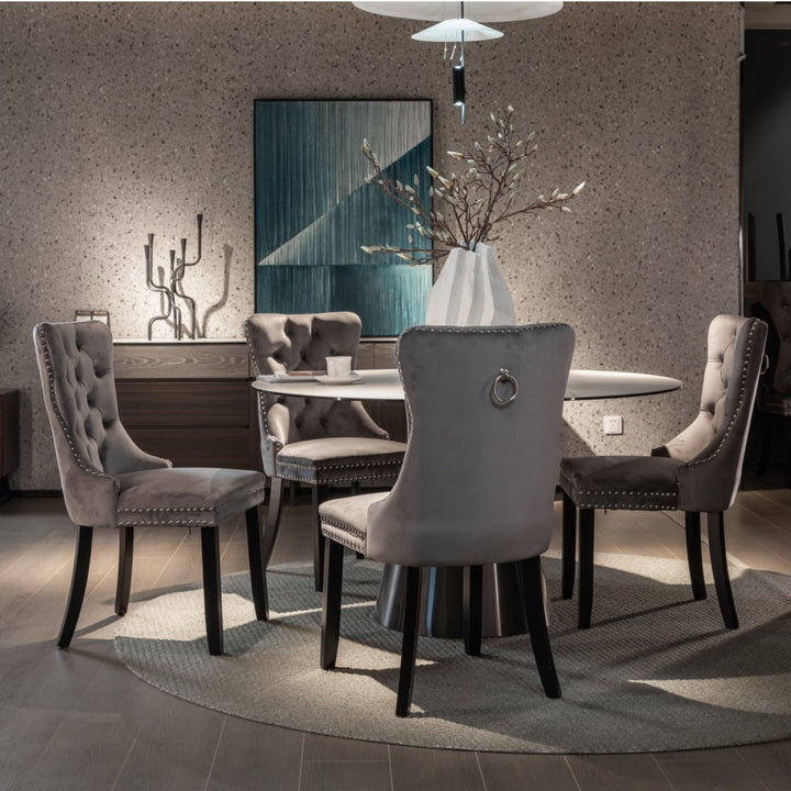 4x Velvet Dining Chairs Upholstered Tufted Kithcen Chair with Solid Wood Legs Stud Trim and Ring-Gray