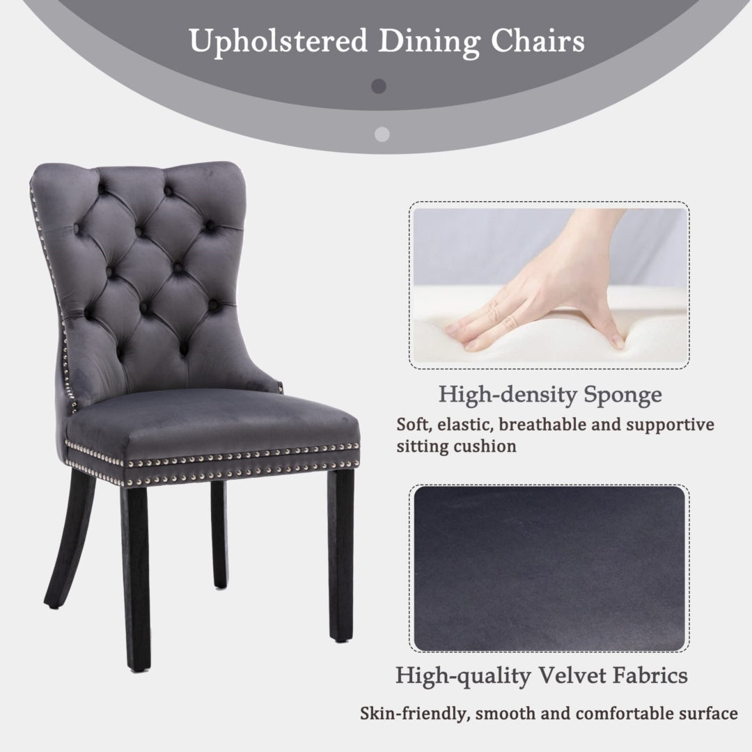 4x Velvet Dining Chairs Upholstered Tufted Kithcen Chair with Solid Wood Legs Stud Trim and Ring-Gray