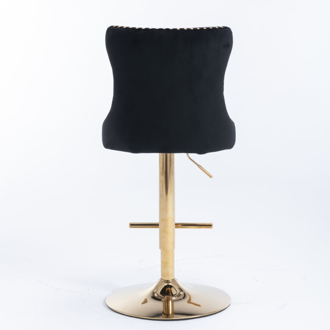 4x Height Adjustable Swivel Bar Stool Velvet Studs Barstool with Footrest and Golden Base- Black