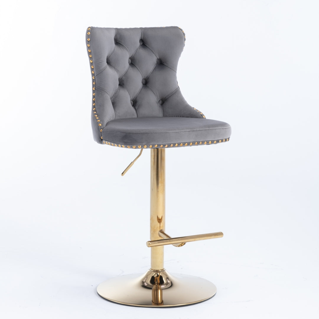 2x Height Adjustable Swivel Bar Stool Velvet Studs Barstool with Footrest and Golden Base- Grey