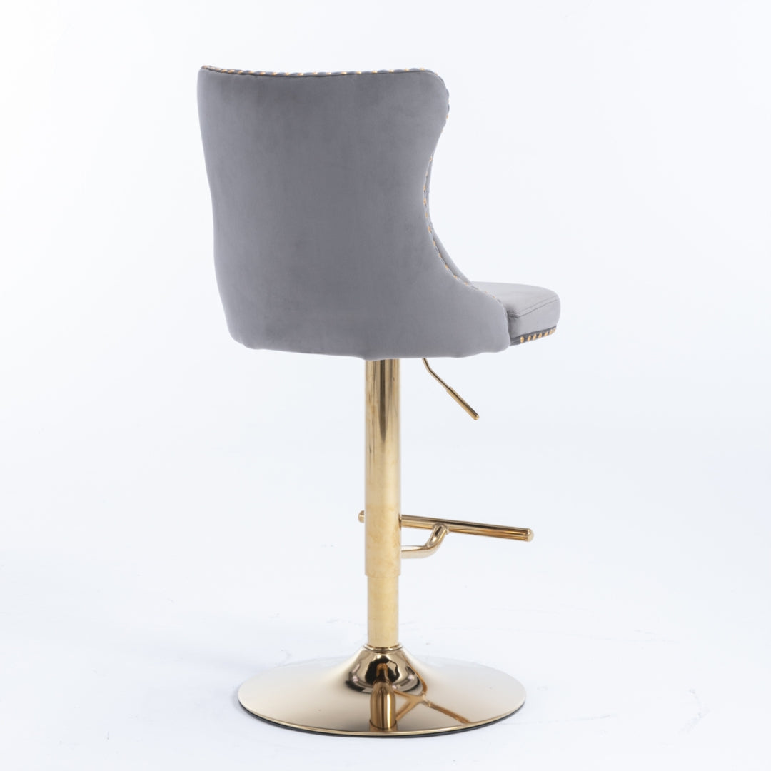 2x Height Adjustable Swivel Bar Stool Velvet Studs Barstool with Footrest and Golden Base- Grey