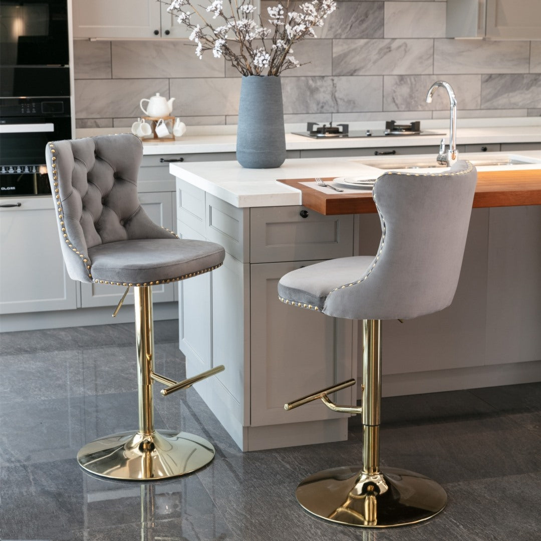 2x Height Adjustable Swivel Bar Stool Velvet Studs Barstool with Footrest and Golden Base- Grey