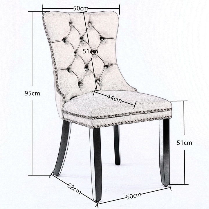 2x Velvet Dining Chairs Upholstered Tufted Kithcen Chair with Solid Wood Legs Stud Trim and Ring-Gray