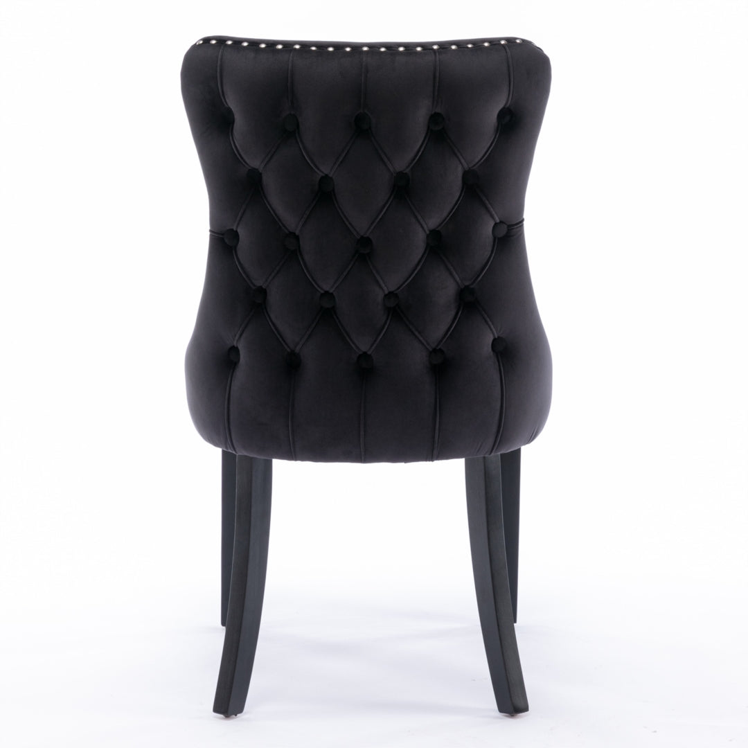 4x Velvet Upholstered Dining Tufted Chairs with Studs Trim and Solid Wood Legs-Black