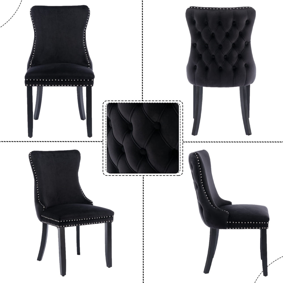 6x Velvet Upholstered Dining Tufted Chairs with Studs Trim and Solid Wood Legs-Black