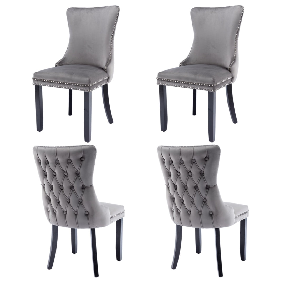 4x Velvet Upholstered Dining Chairs Tufted Wingback Side Chair with Studs Trim Solid Wood Legs for Kitchen