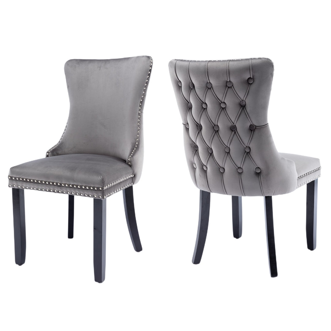 4x Velvet Upholstered Dining Chairs Tufted Wingback Side Chair with Studs Trim Solid Wood Legs for Kitchen