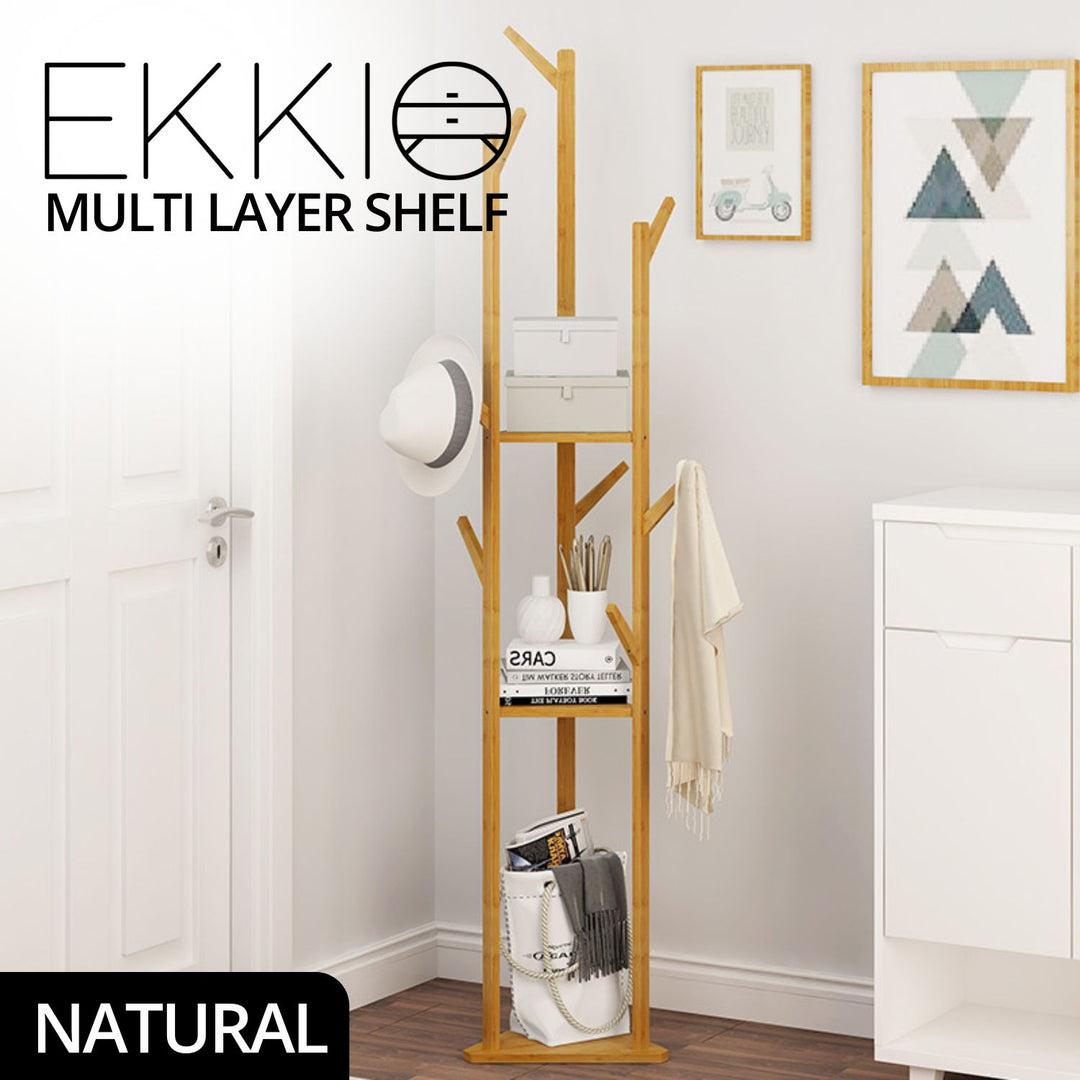 Ekkio Modern Style Sturdy Construction Bamboo Clothing Rack With 9 Hooks Multi Layer Shelf (Natural)