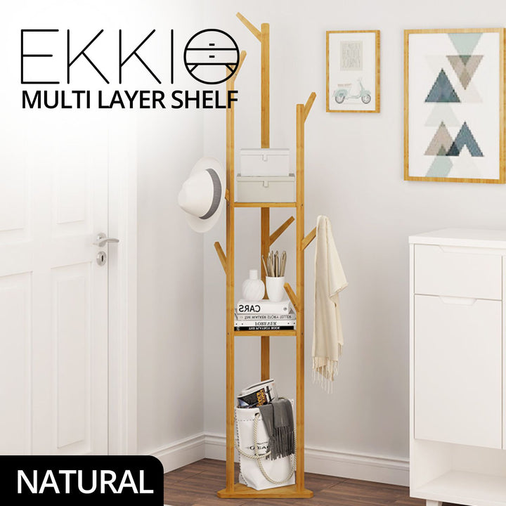 Ekkio Modern Style Sturdy Construction Bamboo Clothing Rack With 9 Hooks Multi Layer Shelf (Natural)