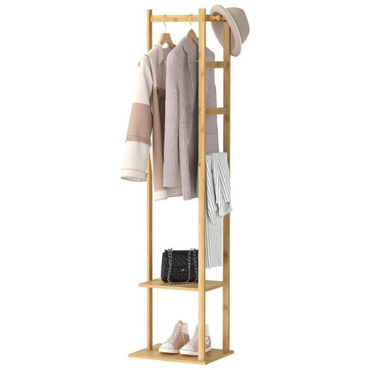 EKKIO Bamboo Clothing Rack with 3 Hanger Hooks (Natural Wood)