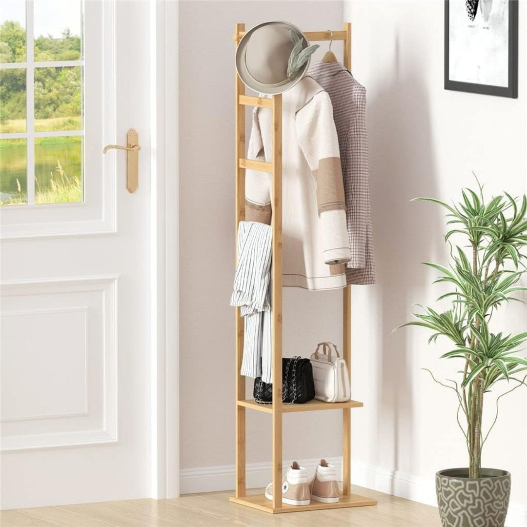 EKKIO Bamboo Clothing Rack with 3 Hanger Hooks (Natural Wood)