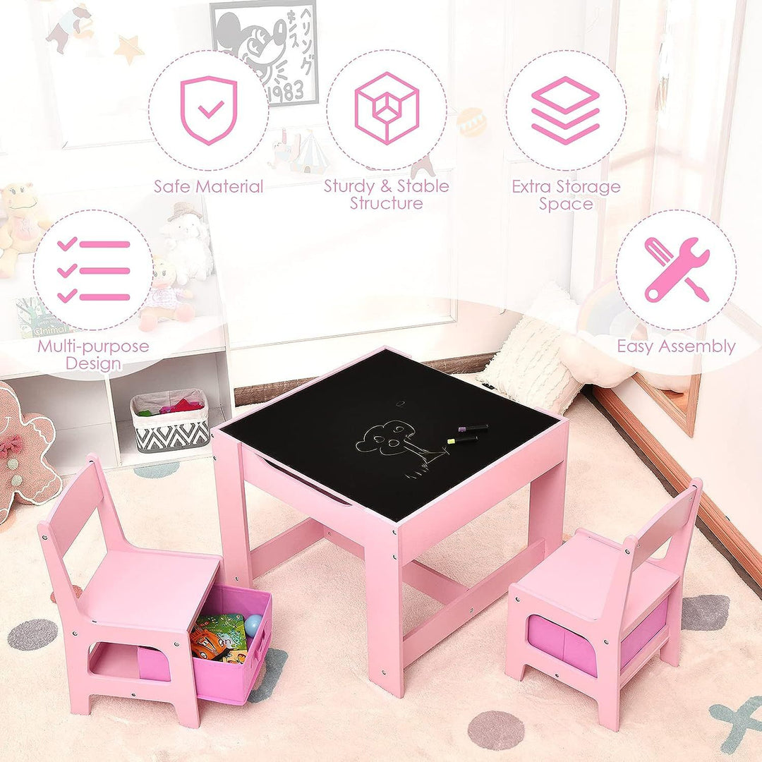 EKKIO 3PCS Kids Table with Lego Baseplate and Chairs Set with Black Chalkboard (Pink)