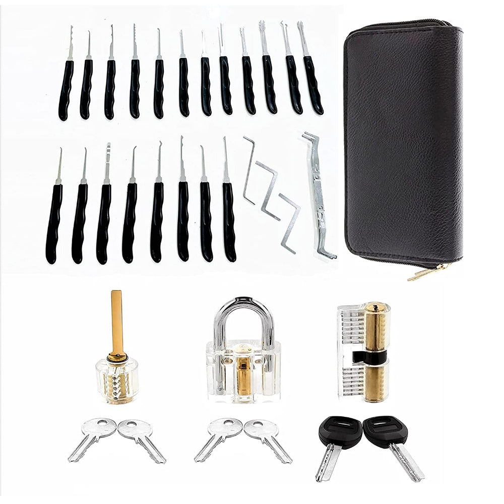 GOMINIMO 34 Pcs Lock Picking Kit with 3 Transparent Practice Training Padlocks 6 Keys and a Carrying Bag (Black)