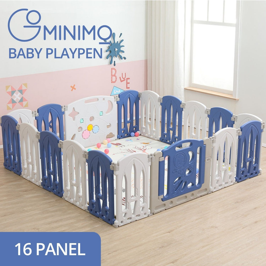 GOMINIMO Foldable Baby Playpen with 16 Panels (White Blue)