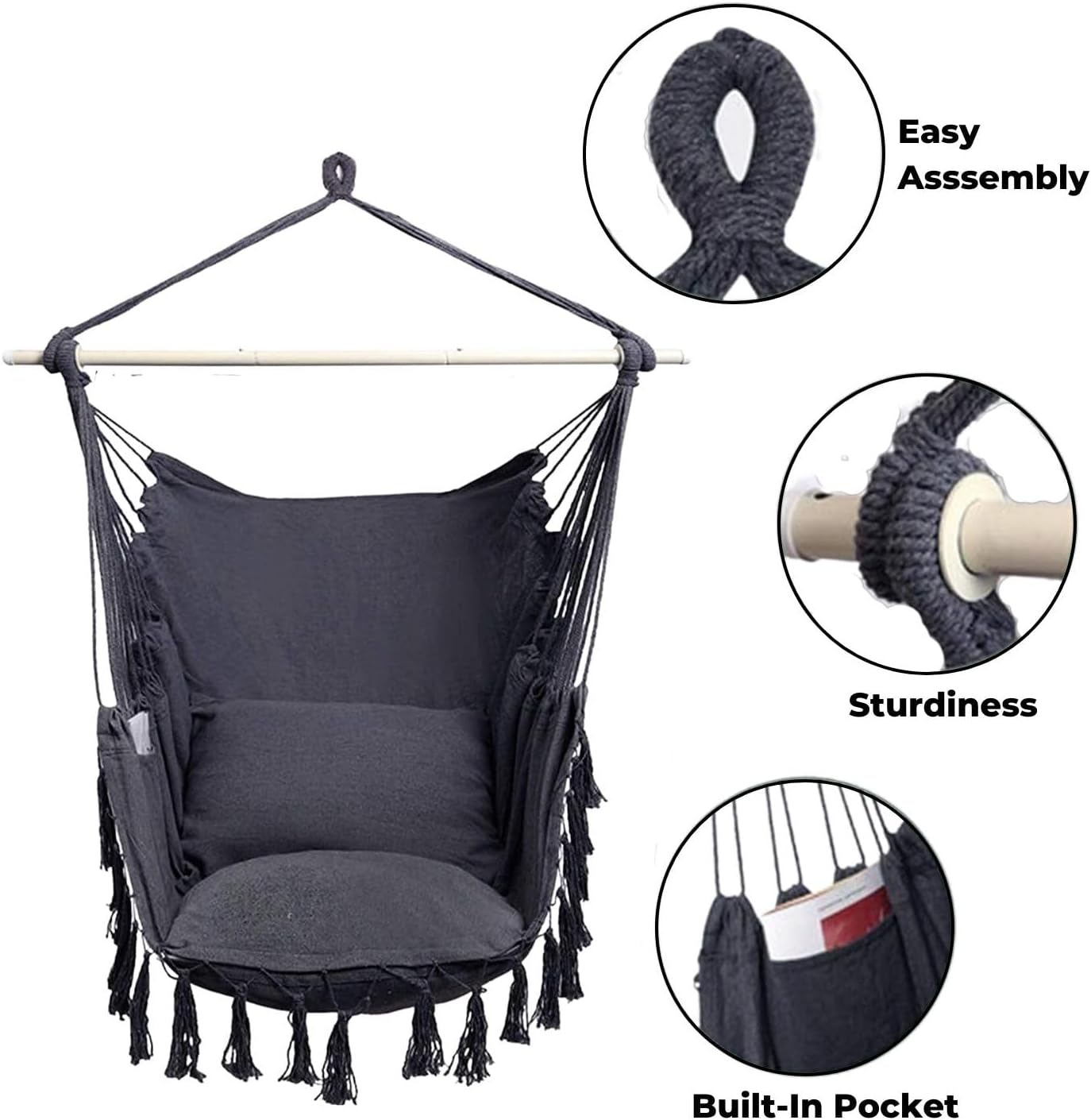 NOVEDEN Hammock Chair Hanging Rope Swing with 2 Seat Cushions Included (Dark Grey)