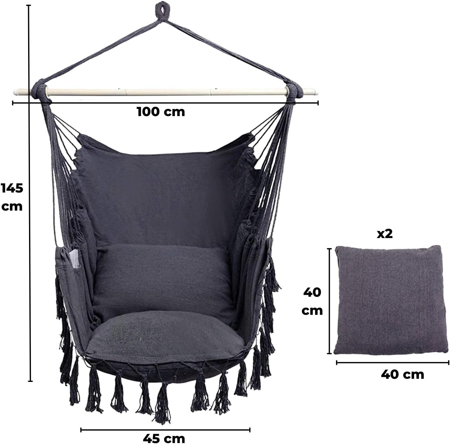 NOVEDEN Hammock Chair Hanging Rope Swing with 2 Seat Cushions Included (Dark Grey)