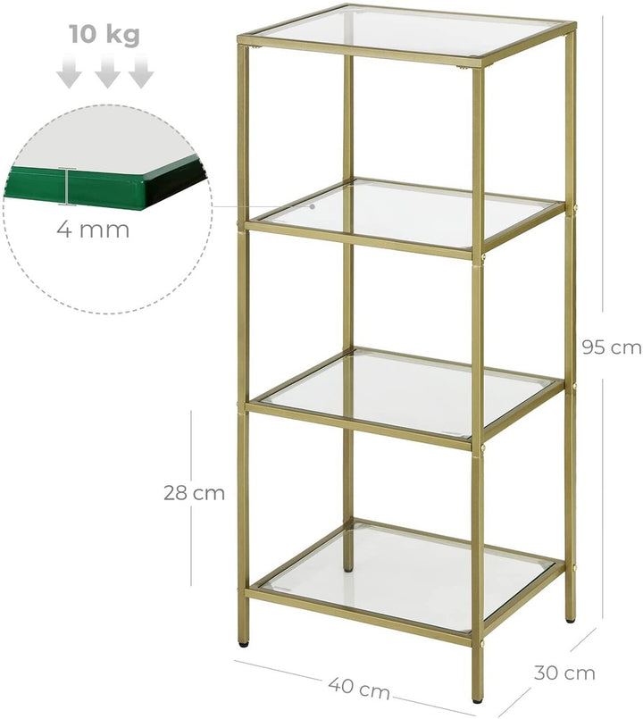 VASAGLE Storage Shelf 4-Tier Tempered Glass Gold