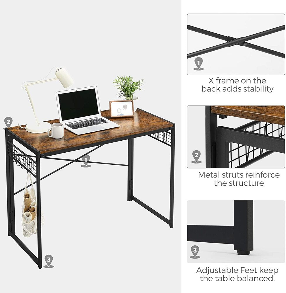 VASAGLE Computer Desk Folding Writing Desk with 8 Hooks Rustic Brown and Black LWD42X