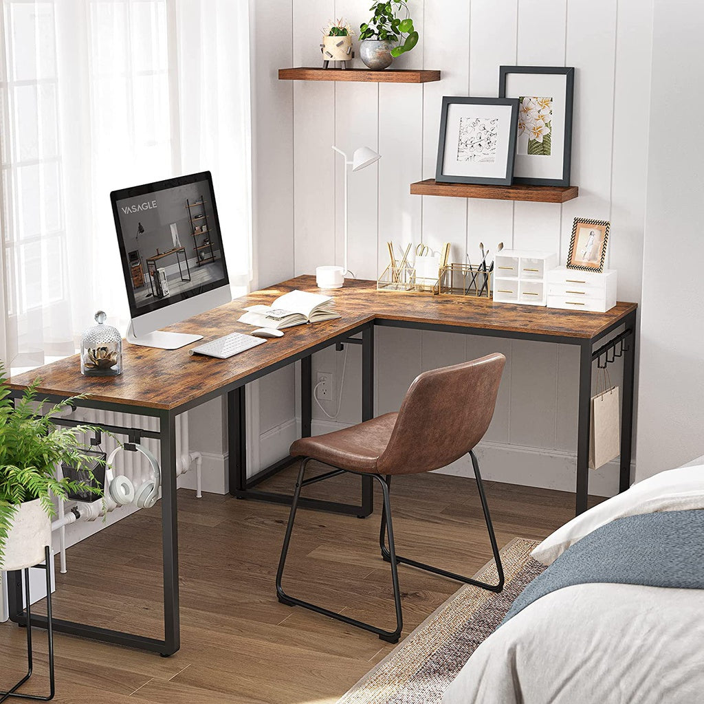 VASAGLE Computer Desk Writing Desk with 8 Hooks Rustic Brown and Black