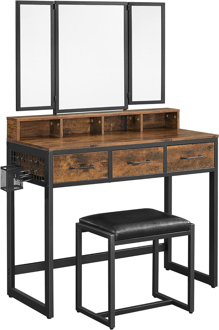 VASAGLE Dresser Table with Trifold Mirror Rustic Brown and Black