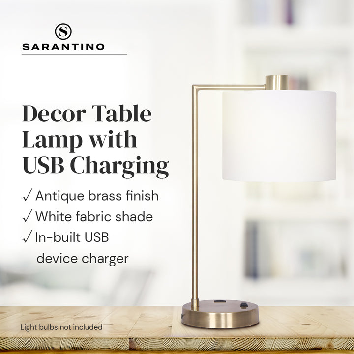 Sarantino Metal Task Lamp with USB Charging Port Antique Brass Finish