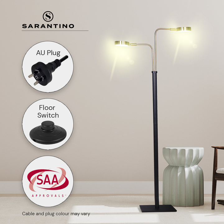 Sarantino LED Metal Floor Lamp with 2 Lights in Brushed Gold and Black Finish