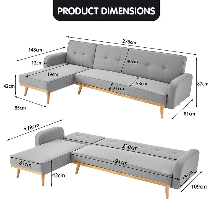 Sarantino 3-Seater Corner Sofa Bed with Chaise Lounge - Light Grey