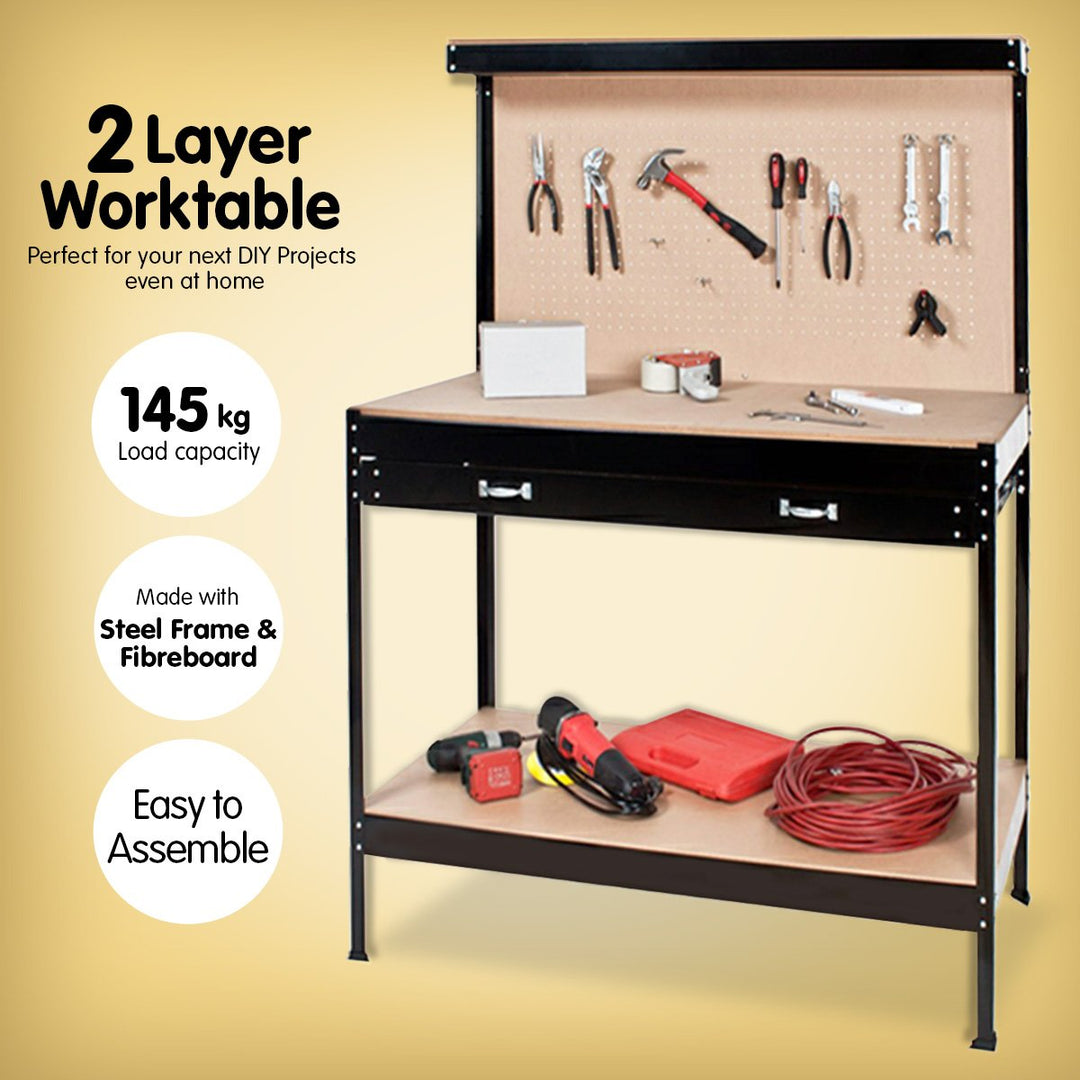 Kartrite 2-layered Steel Work Bench Garage Storage Table Tool Shop Shelf Pegboard Drawer