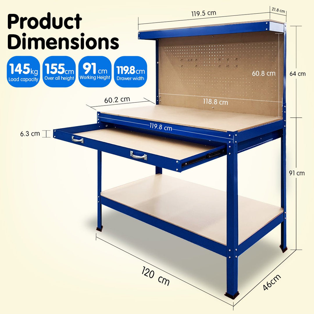 Kartrite 2-layered Steel Work Bench Garage Storage Table Tool Shop Shelf Pegboard Drawer