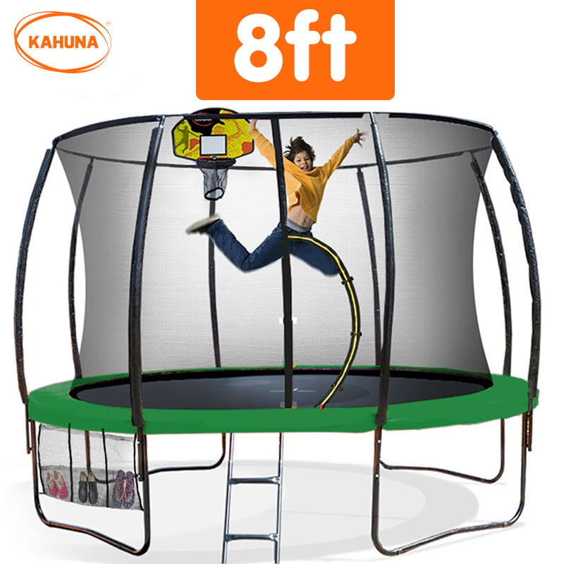 Kahuna 8ft  Trampoline Safety Net Spring Pad Cover Mat Ladder Free Basketball Set Green