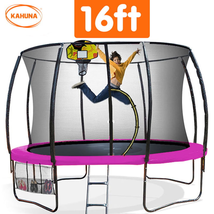 Kahuna 16ft Outdoor Trampoline Kids Children With Safety Enclosure Pad Mat Ladder Basketball Hoop Set - Pink