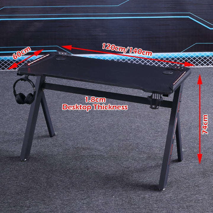 140cm RGB Gaming Desk Home Office Carbon Fiber Led Lights Game Racer Computer PC Table Y-Shaped Black