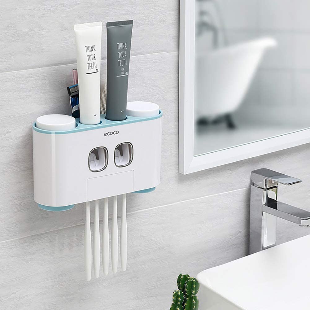 Ecoco Wall-Mounted Toothbrush Holder with 2 Toothpaste Dispensers 4 Cups and 5 Toothbrush Slots Toiletries Bathroom Storage Rack (Blue)