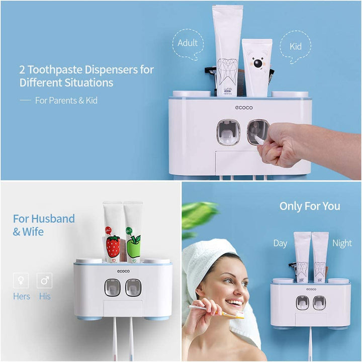 Ecoco Wall-Mounted Toothbrush Holder with 2 Toothpaste Dispensers 4 Cups and 5 Toothbrush Slots Toiletries Bathroom Storage Rack (Blue)