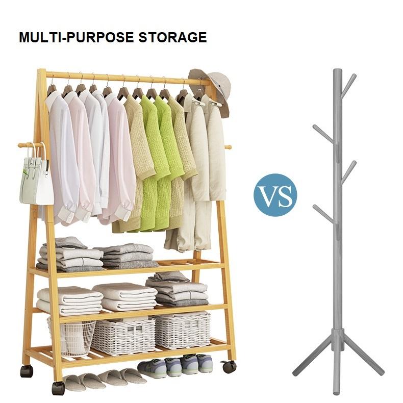 Rail Bamboo Clothes Rack Garment Hanging Stand 3 Tier Storage Shelves Closet 80cm Panel