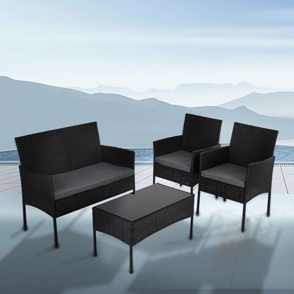 4 Seater Wicker Outdoor Lounge Set - Black