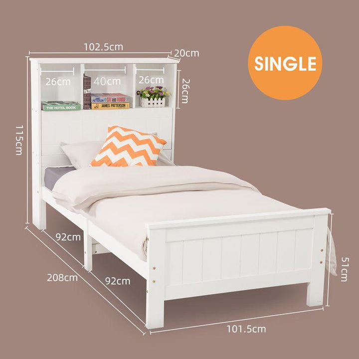 Single Size Solid Pine Timber Bed Frame with Bookshelf Headboard- White