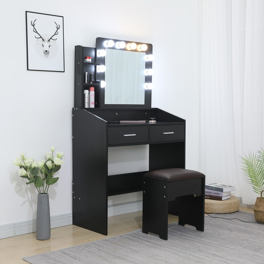 Diana Vanity Set with Shelves Cushioned Stool and Lighted Mirror- Black