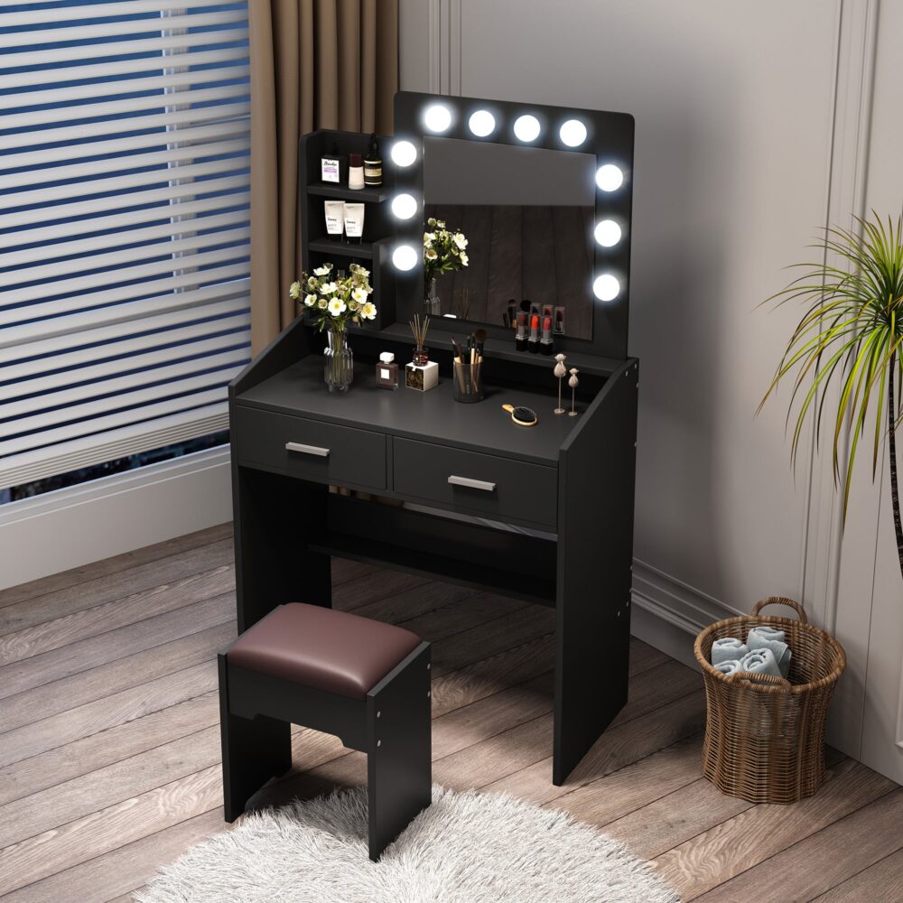 Diana Vanity Set with Shelves Cushioned Stool and Lighted Mirror- Black