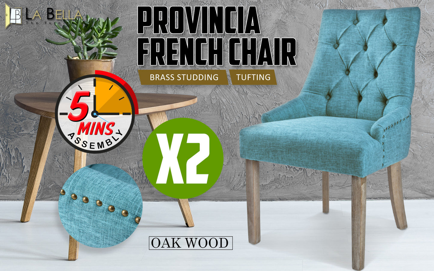 2X French Provincial Dining Chair Oak Leg AMOUR BLUE