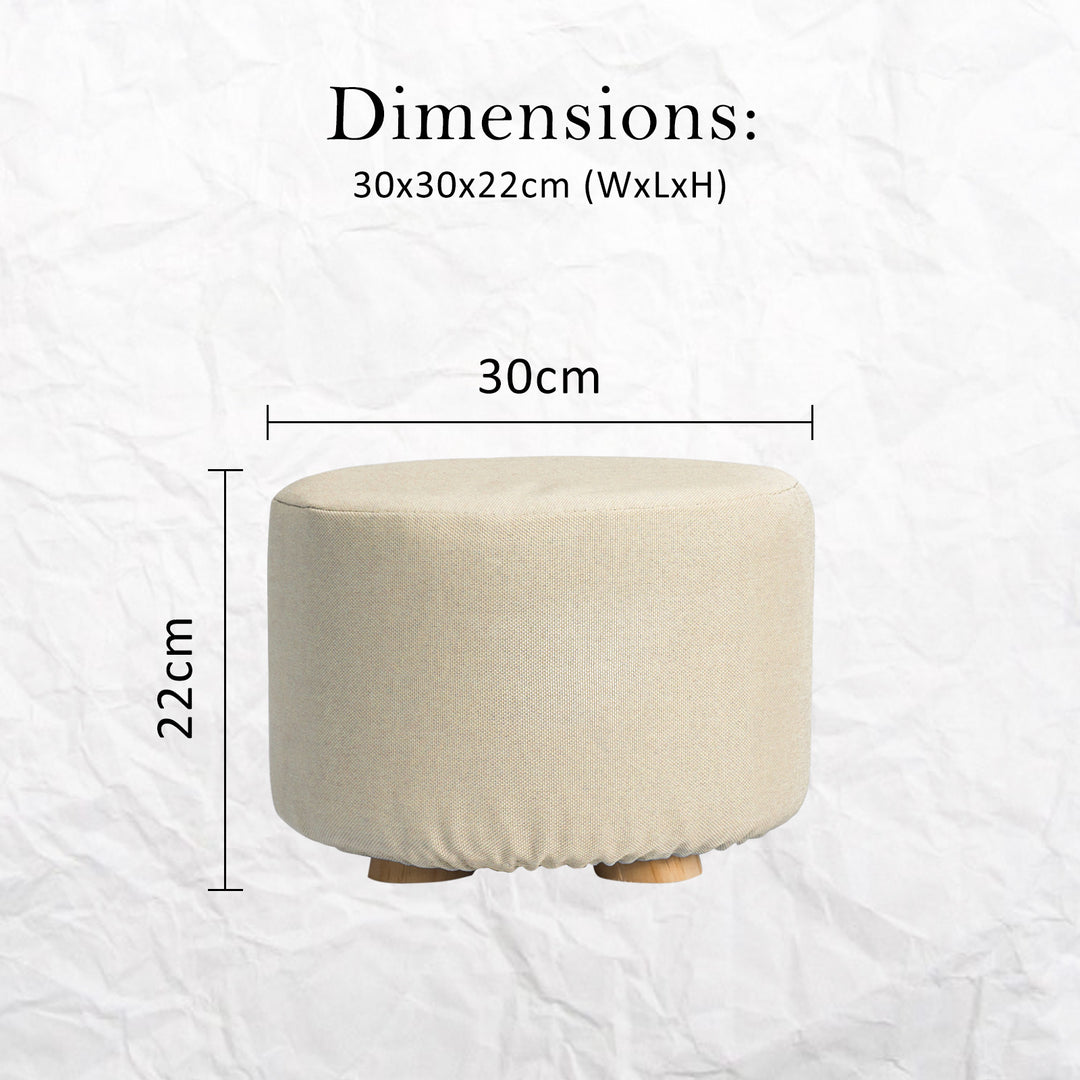 Fabric Ottoman Round Wooden Leg Foot Stool - BEIGE