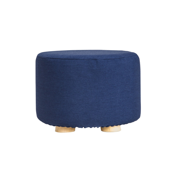 Fabric Ottoman Round Wooden Leg Foot Stool - DARK BLUE