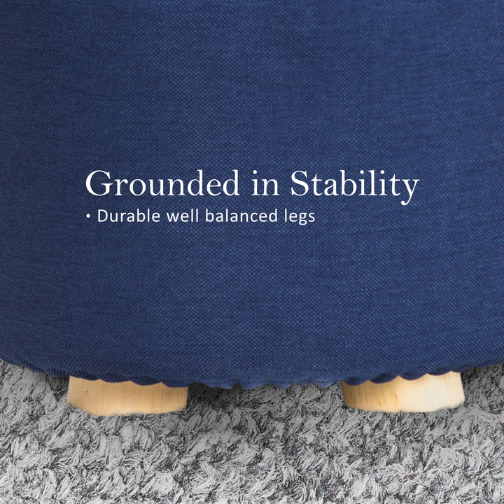 Fabric Ottoman Round Wooden Leg Foot Stool - DARK BLUE