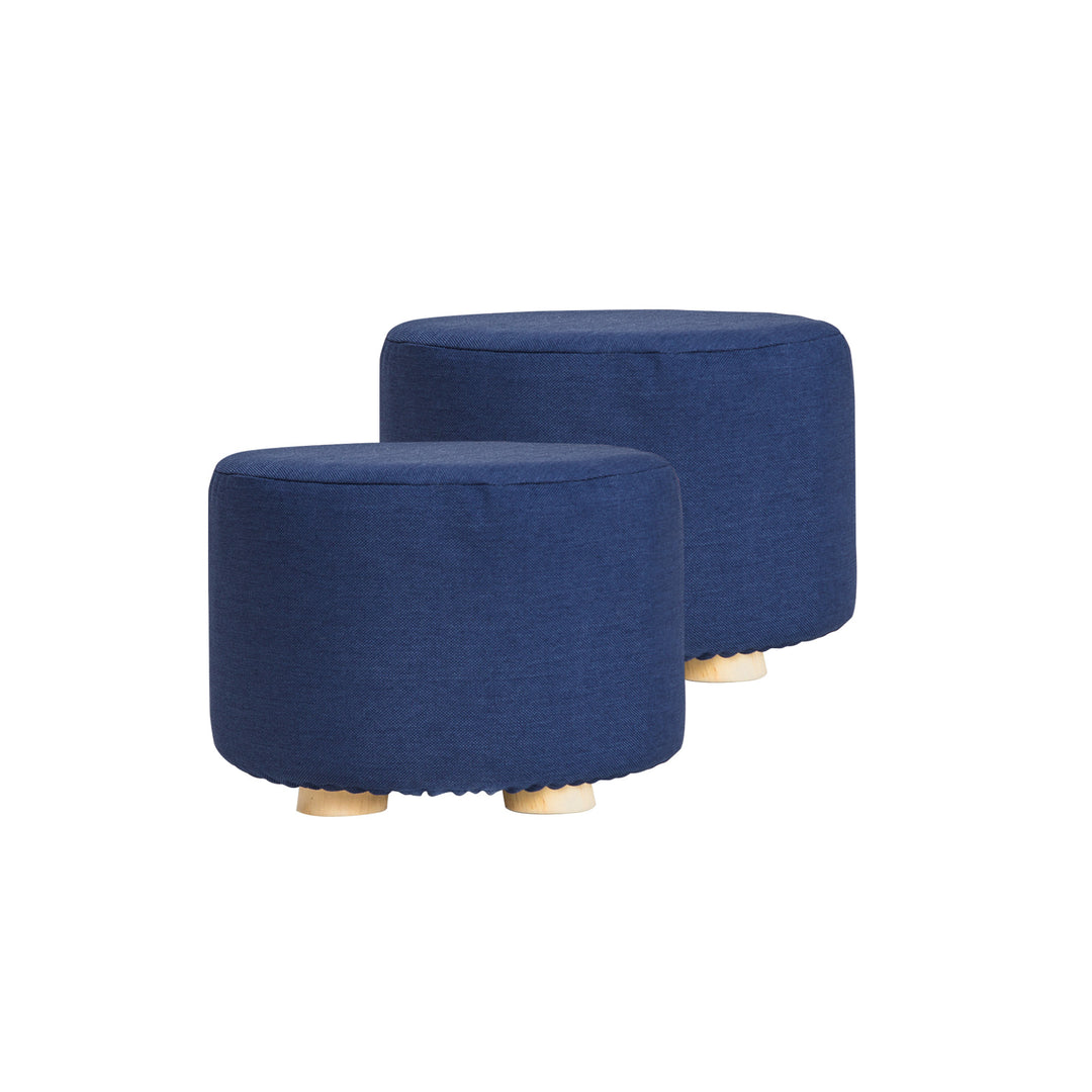 2X Fabric Ottoman Round Wooden Leg Foot Stool - DARK BLUE