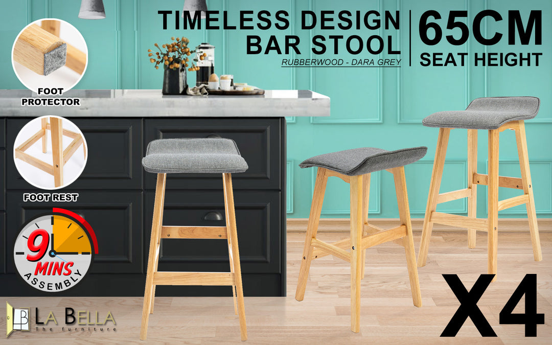 4X Wooden Bar Stool Dining Chair Fabric DARA 65cm GREY