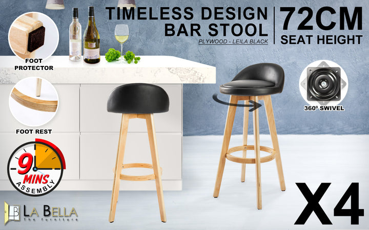 4X Wooden Bar Stool Dining Chair Leather LEILA 72cm BLACK